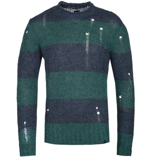 Pretty Green Distressed Detail Block Stripe Navy & Green Sweater